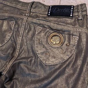 Metallic Gold Short Rise Skinny Dereon Denim Jeans; Size 7/8; gold detail